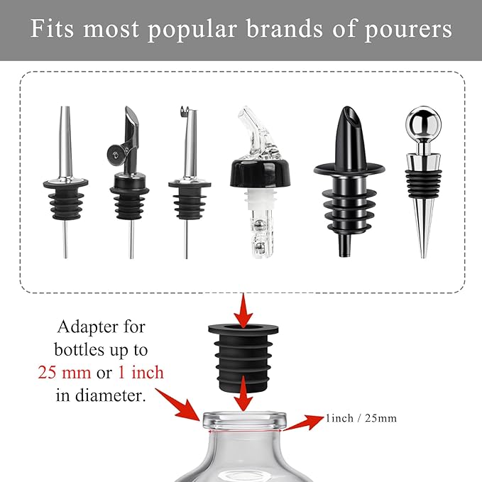 48-Pack Auto Flip Liquor Bottle Pourers with Adapters, Liquor Pour Spout Adapters set for for Large Olive Oil Bottles and Liquor Bottles - Up to 1 Inch/25mm Neck Converts Spout into Large Pour Spout