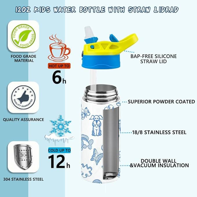 Kids Sublimation Tumbler,8 PACK 12oz Stainless Steel Sublimation Sippy Cup,Double Wall Insulated Kids Tumbler with Handle,Spill Proof lid,Shrink Films,Silicone Bottoms,for Water,Drinks