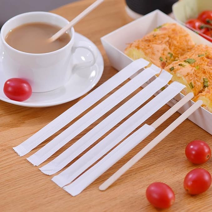 MFJUNS 200pcs Individually Wrapped Coffee Stirrers Wood - 5.5" Coffee Stir Sticks, Round End Disposable coffee stirrer, For Coffee, Cocktail and Hot Drinks