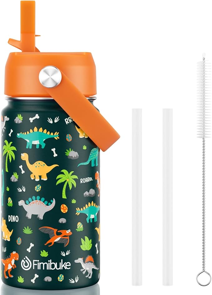 Fimibuke Kids Insulated Water Bottle, 14oz BPA FREE 18/8 Stainless Steel Travel Tumbler Double Wall Vacuum Leak Proof Kids Cup with Straw Metal Bottles for School Boys Girls (1 Pack, Green Dinosaur)