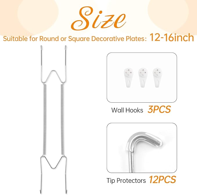 3 Pack Plate Hangers for The Wall, Suitable for 12-16 inch Art Plate, Stainless Steel Invisible Heavy Duty Wire Plate Holder with Wall Hooks, Plate Hangers for Displaying Plates, Platter, Dish, Silver