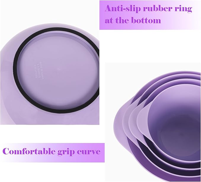 BoxedHome Nesting Plastic Mixing Bowl Set, 4 Piece Mixing Bowl Set with Pour Spouts, Size 1.7, 2.5, 3.5 and 4.5qt, for Prepping, Mixing, Baking, Cooking(2023 New Version, Purple)