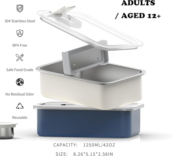 Bakpoco Stainless Steel Bento Lunch Box for Adult, 42oz Leak-Proof Lunch Box Containers, Microwave-Safe, with Adjustable Divider, Convenient Metal Lunchbox for Work, Travel