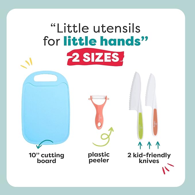 Baketivity Kid Safe Plastic Knives for Real Cooking with Cutting Board, Peeler for Kitchen - Knife Set with Blunt Tip, Dishwasher Safe, BPA Free Kids Knives for Cutting