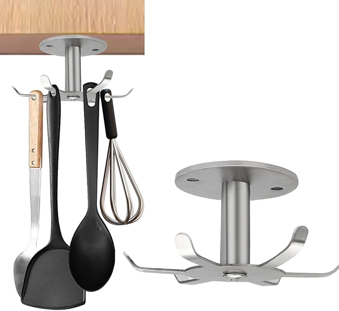 Zorfeter Under Cabinet Kitchen Utensil Hooks, Stainless Steel Utensil Racks 360°Rotating Drilling Free Adhesive Utensils Hanging Rack Holder, Brushed Nickel