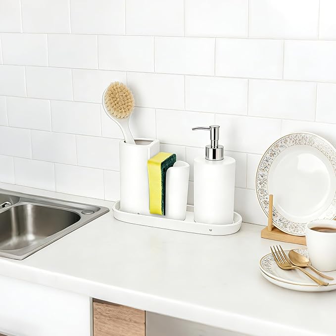 Ceramic Kitchen Sink Organizer Sponge Holder and Dish Brush Holder and Soap Tray for Kitchen Sink Organizer, White