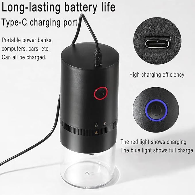 Portable Electric Burr Coffee Grinder, 1500mAh USB Rechargeable with Ceramic Burr & 10 Filters, for Espresso, French Press, Travel & Home Use