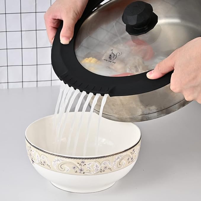 Tempered Strainer Lid for Stockpot Pasta Soup Pots - Universal Pan Lid with Heat Resistant Silicone Rim 10-12 inch Black