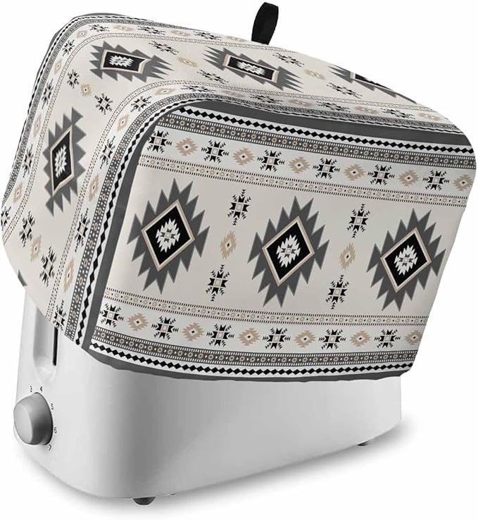 Gray Beige Boho Toaster Cover 2 Slice, Ethnic Tribe Vintage Dustproof Bakeware Oven Protector with Top Hook, Southwestern Waterproof Small Kitchen Appliance Toasters Dust Cover, 12"x7.5"x8"
