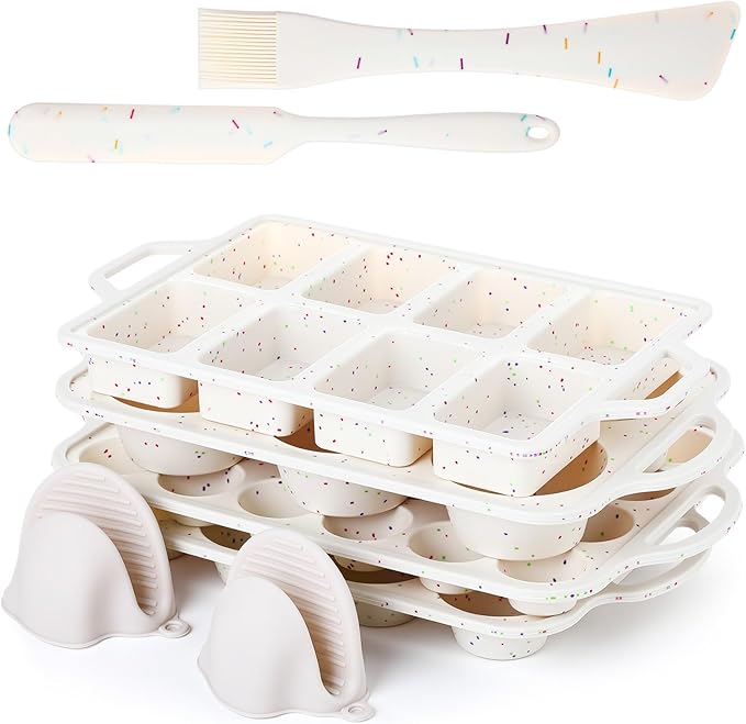 7 Pcs Silicone Baking Pan Set Nonstick Bakeware Set with 4 Molds (Loaf, Muffin, Mini Muffin, Round), Spatula, Dual-head Pastry Brush Oven Mitts for Cupcakes Brownies Bread, Confetti Design
