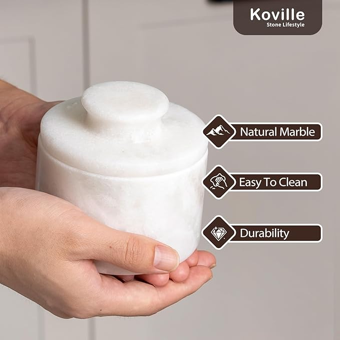 Koville White Marble Butter Keeper Handmade French Butter Holder For Kitchen Counter Decor, Stone Butter Dish Butter Container & Crock for Kitchen, Handmade Butter Crock For Spreadable Butter Ideal
