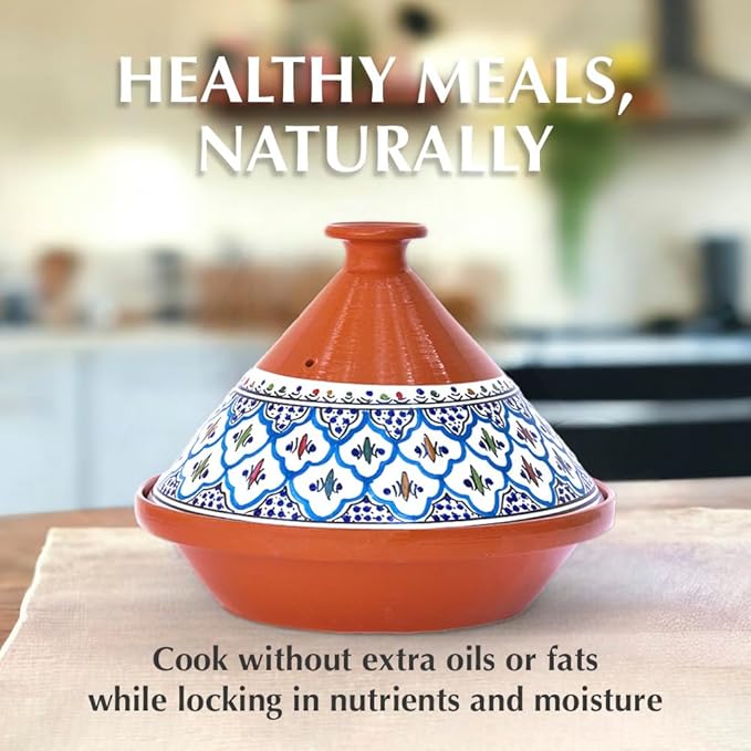 Kamsah Tagine Pot for Cooking and Flavor Enrichment - Large Clay Pot 12”, 5.5 QT - Non-Stick Handmade Cookware - Moroccan Ceramic Pots for Cooking with Lid & Serving Bowl - Bohemian Classic Turquoise