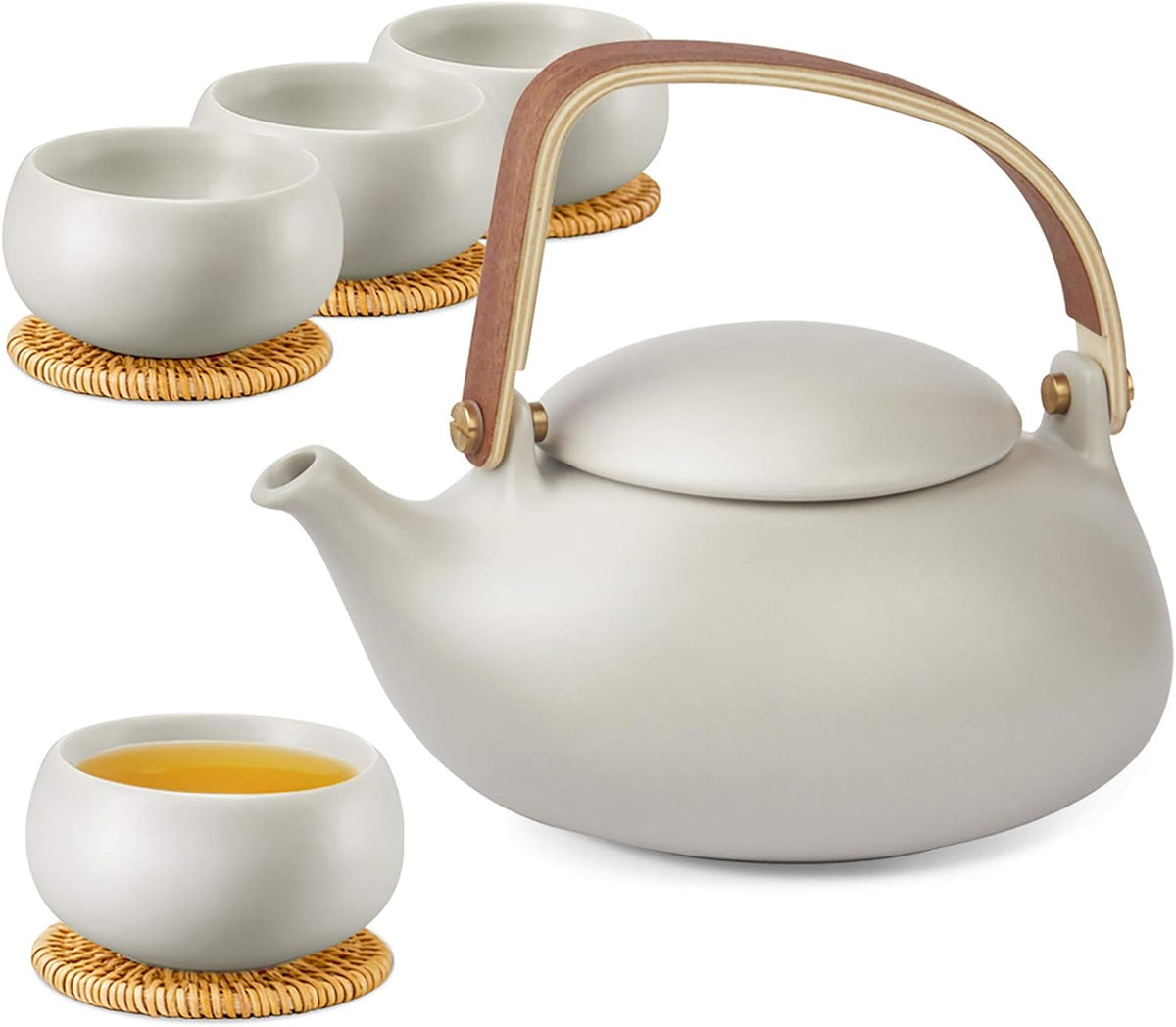 ZENS Vintage Japanese Tea Set, 27oz Ceramic Japanese Teapot with Infuser, Wood Handle Matte Gray Teapot with Strainers and 4 Cups for Tea Party, Women's Gift