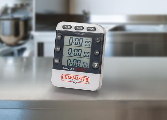 3-Channel Digital Timer by Chef Master, Triple Channel Count Up/Down Kitchen Digital Timer for Cooking, Roasting, Grilling, Marinade, Boiling, Baking, Pocket Clip, Stand & Magnet for Hands Free -90271