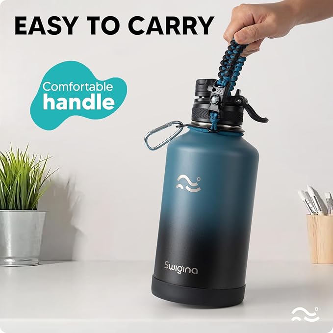 Swigina Insulated Water Bottle with Silicone Boot (36hrs Cold/18hrs Hot) - DIY Stickers, [2-in-1 Lid], BPA Free, 64 oz