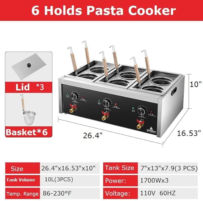 Commercial Pasta Cooker with Drain Valve 3 Independent Tank 6 Pasta Strainers Noodle Cooking Machine Pasta Makers Boiler Temperature Adjustable Boiler For Spaghetti Ramen 110V US plug
