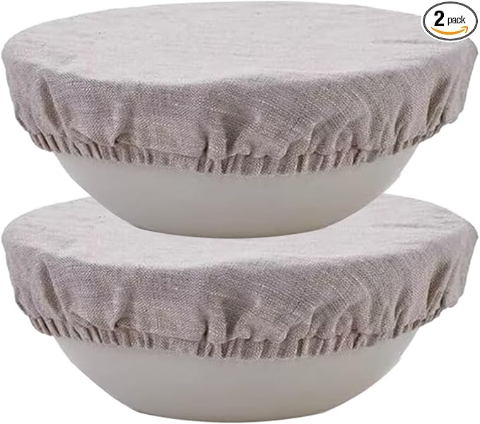 100% Pure Linen Bowl Covers For Bread Proofing, 2 Pcs 10 Inches Elastic Reusable Solid Color Cloth Fabric Bowl Covers,Medium Organic Washable Large Stretch Sourdough Lids, Linen