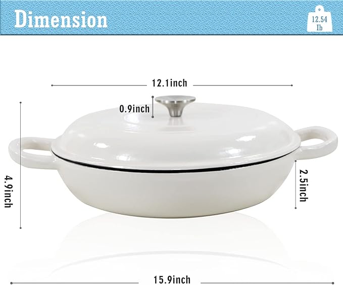 COOKWIN Enameled Cast Iron Braiser Pan, 3.8 Quart Shallow Dutch Oven with Lid, Heavy Duty Casserole Skillet with Dual Handles for Family or Friends Gifts, Oven-Safe to 500°F, White