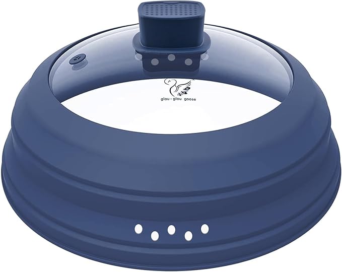 Tall Microwave Splatter Cover Glass Cover Guard Lid 5.8 inch Height with Collapsible Silicone for Food Pot Plate 10.8 inch Dark Blue