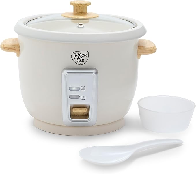 GreenLife Rice Cooker with Removable PFAS-Free Ceramic Nonstick Pot, 3-Cups Uncooked/6-Cups Cooked, Grains & Oatmeal Multicooker, Compact One-Switch Design, Auto Keep Warm, Easy Clean, Cream