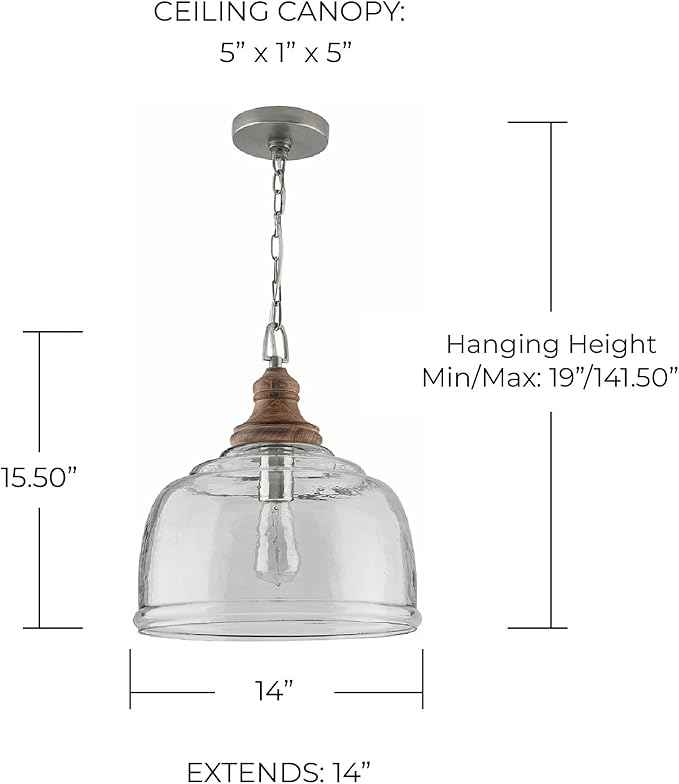 Capital Lighting 330318YG Julian Coastal Style Clear Organic Rippled Glass Dome Pendant, 1-Light 100 Watt, 16" H x 14" W, Grey Wash/Iron Silk