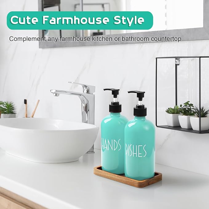 ALELION Turquoise Dish Soap Dispenser for Kitchen - 16 OZ Glass Hand Soap Dispenser Set with Pump and Acacia Wood Tray - Turquoise Kitchen Decor & Teal Kitchen Accessories