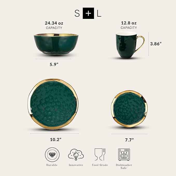 Stone Lain Florian Modern Porcelain 16 Piece Dinnerware Set, Plates and Bowls Set, Dish set for 4, Green and Golden Rim