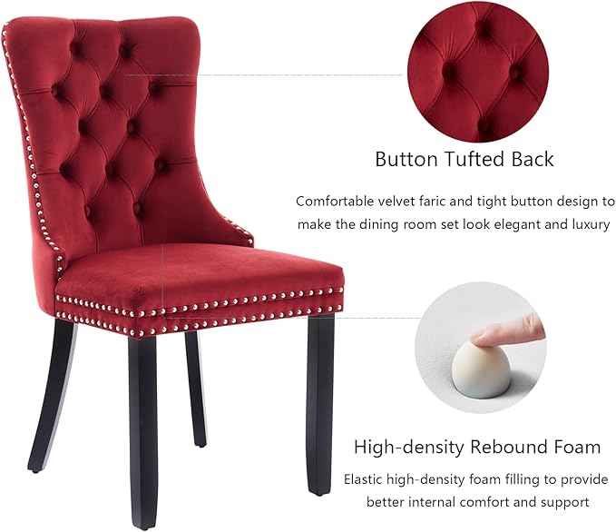 Velvet Dining Chairs Set of 6, Upholstered Dining Room Chairs with Back Ring Pull Trim and Solid Wood Legs,Tufted Wingback Kitchen Chairs for Dining Room,Kitchen(Wine Red)