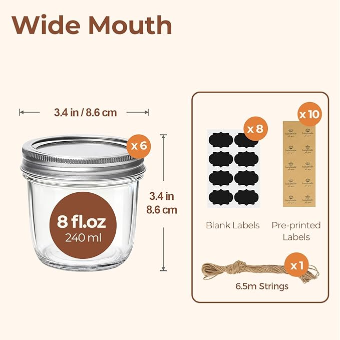 ComSaf Wide Mouth Mason Jars with Lids 8 oz 6Pcs, Half Pint Small Mason Containers, Canning Jars for Jam, Jelly, Meal Prep, Overnight Oats, Yogurt Parfait, Shower Wedding Favors, DIY Candles Decor