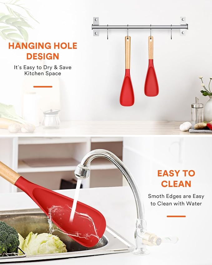 Multifunction Spatula Spoon for Nonstick Cookwares, Great for Cooking and Serving, Sturdy BPA-Free Matte Silicone, Wood Handle Spatula for Mixing, Scoop, and Scrape, Red(2 pack,11.4" & 13.4")