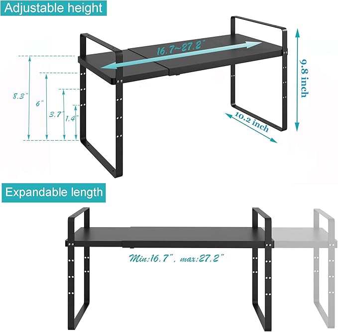 iPEGTOP Expandable Cabinet Storage Shelf Organizer Rack, Heavy Duty Steel Metal Spice Rack Adjustable Height Home Office Garage Pantry Shelves for Counter Kitchen Organization, Black, 2 Pack