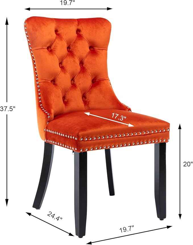 Velvet Dining Chairs Set of 4, Upholstered Dining Room Chairs with Back Ring Pull Trim and Solid Wood Legs,Tufted Wingback Kitchen Chair Perfect for Dining Room,Living Room,Kitchen(Orange)