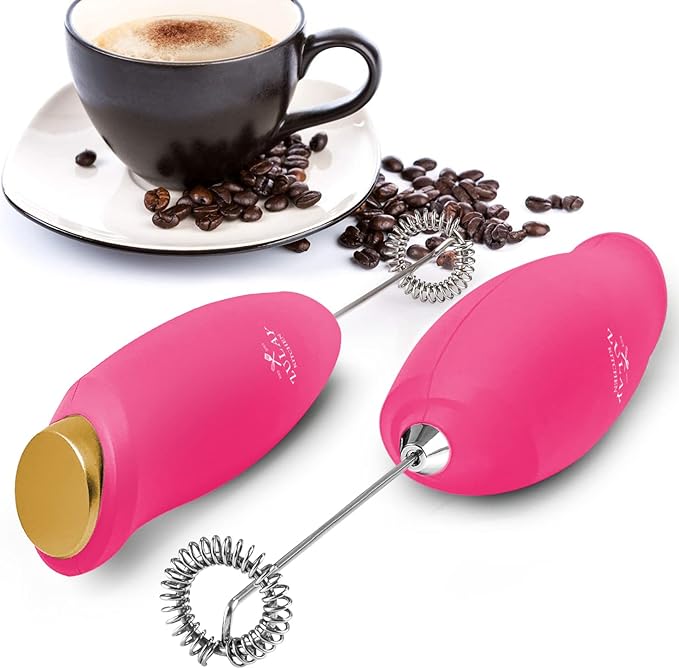 Zulay Kitchen Premium One-Touch Milk Frother for Coffee - Easy-Use Frother Handheld Foam Maker - Electric Whisk Drink Mixer for Cappuccino, Frappe, Matcha and Hot Chocolate (Hot Pink, Gold Button)