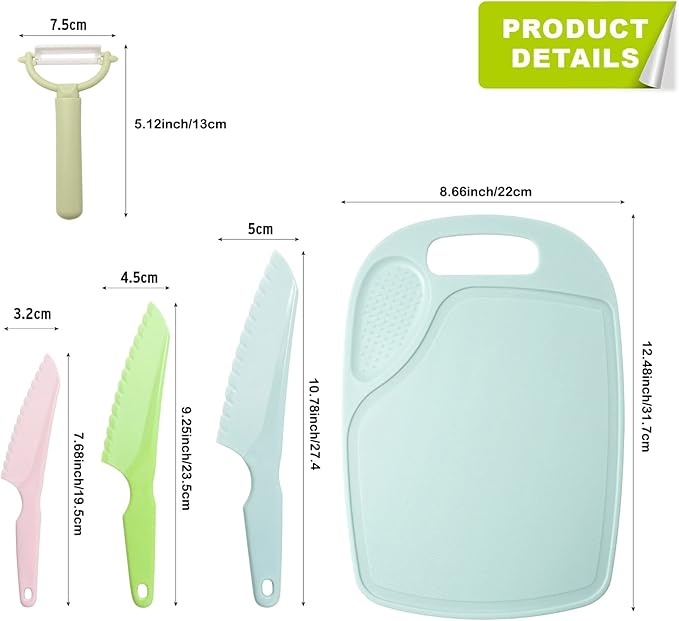 Kids Knifes Set, Kitchen Knife and Cutting Board Set, Children's Cooking Knives in 5 Sizes & Colors/Firm Grip, Serrated Edges, BPA-Free Kids' KnivesLettuce and Cutting Board Peeler