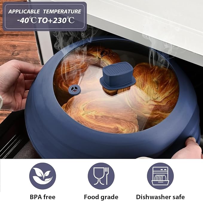Tall Microwave Splatter Cover Glass Cover Guard Lid 5.8 inch Height with Collapsible Silicone for Food Pot Plate 8.5 inch Dark Blue