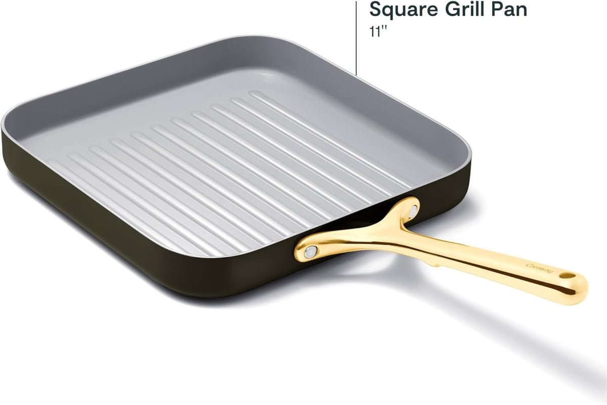 Caraway Square Grill Pan - 11” Grill Pan - Non-Stick Ceramic Coated - Non Toxic, PTFE & PFOA Free - Oven Safe & Compatible with All Stovetops - Black