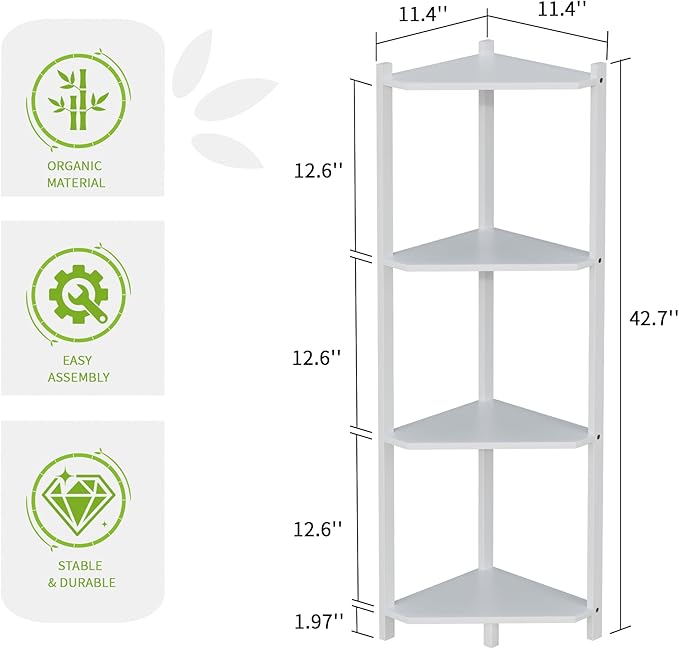 Wisuce Corner Shelf, 100% Real Bamboo Shower Corner Shelves Free Standing Shelf Storage Organizer for Bathroom Living Room Kitchen (White, 4 Tier)