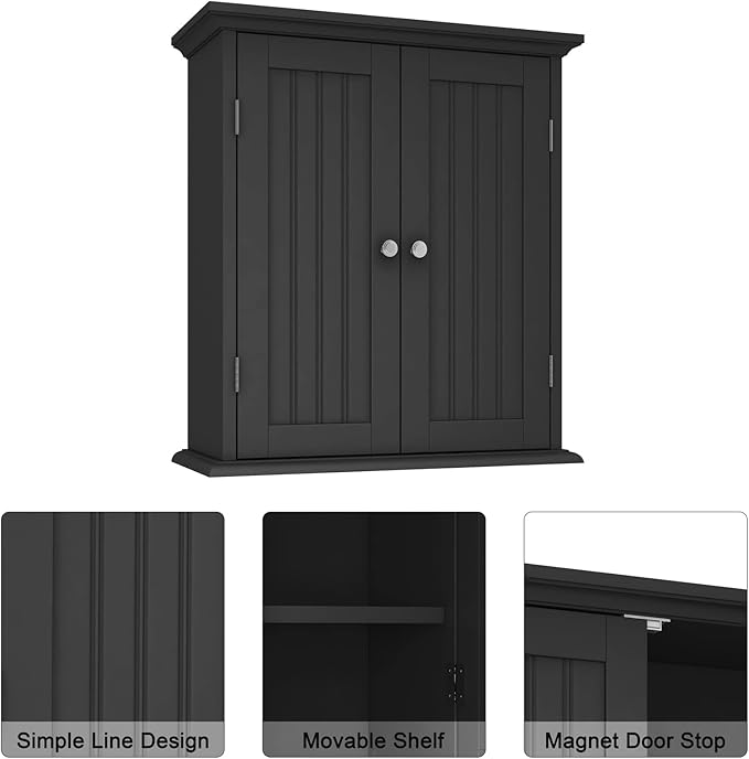 ChooChoo Bathroom Wall Cabinet, Over The Toilet Space Saver Storage Cabinet, Medicine Cabinet with 2 Door and Adjustable Shelves, Cupboard, Black