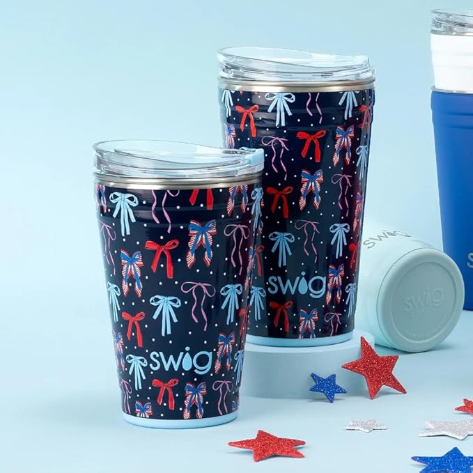 Swig Life 18oz Party Cup, Stackable Insulated Travel Coffee Tumbler with EZ Slider Lid, Cup Holder Friendly Travel Bottles, Stainless Steel 18 oz Tumbler, Reusable Coffee Mug (Miss Independence)