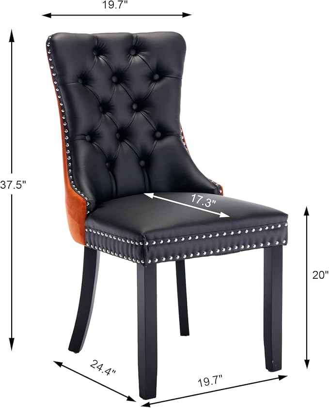 Dining Chairs Set of 6, Upholstered Dining Room Chairs with Back Ring Pull Trim and Solid Wood Legs, Modern Tufted Kitchen Chairs Perfect for Dining Room, Black Pu Leather Splicing Orange Velvet
