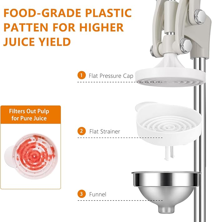TONGCHANT Cast Iron Juicer, 19" Tall Heavy Duty Citrus Press with Dual Pattern | Manual Juicer for Orange Lemon Pomegranate, Easy to Clean, Stainless Steel Cup, White