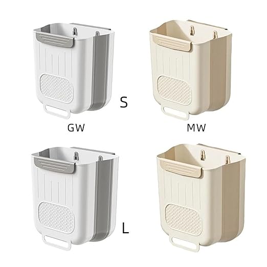 Collapsible Hanging Kitchen Trash Can Kitchen Waste Bin Hanging Countertop Trash Can Wall Mounted Recycling Garbage Basket for Bathroom(L,Gray White)