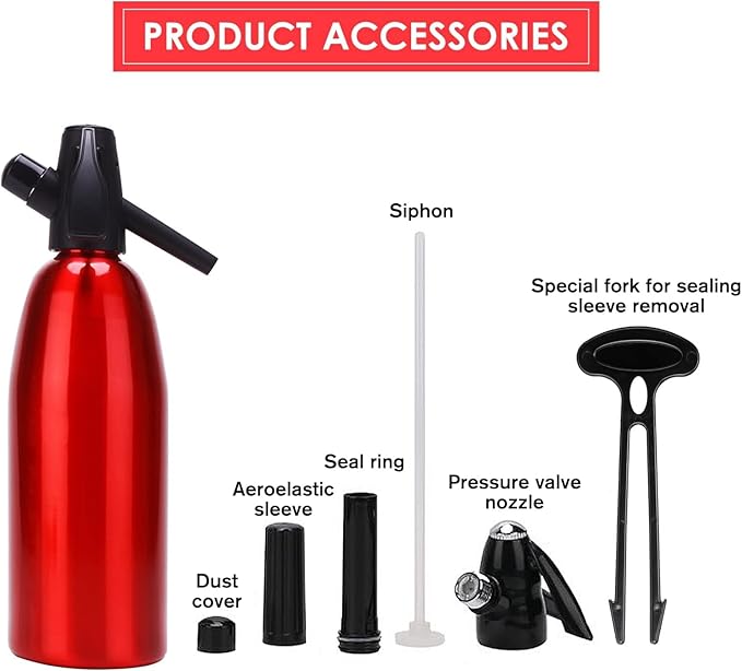 Soda Siphon 1L Premium Sparkling Water Maker - Aluminum Portable Seltzer Machine for Home, Bar, Cocktails, Coffee, Tea,Uses 8g C02 cartridges(Not Included)