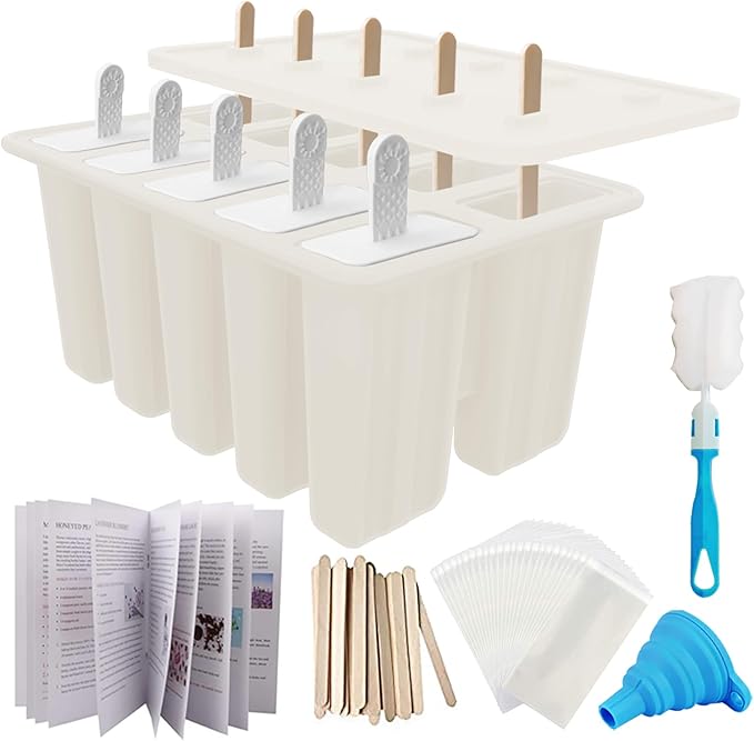 Miaowoof Homemade Popsicle Molds, 10-Cav Non-BPA Silicone Ice Pop Maker, with 50 Sticks, 50 Bags, 10 Reusable Sticks, Funnel, Brush and Ice Pop Recipe (White)