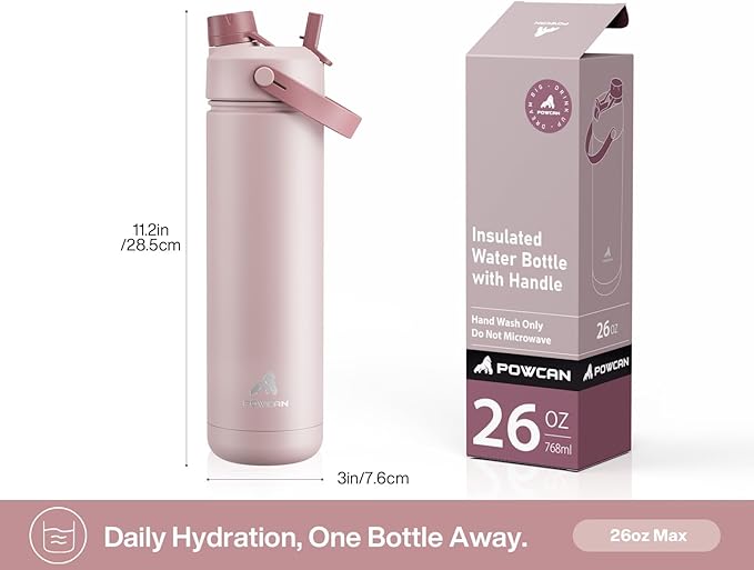 POWCAN 26 oz Insulated Water Bottle with 2-in-1 Straw and Spout Lid, Keep Cold 24H, Leak-Proof, Fits in Car Cup Holder, Stainless Steel Water Bottle for Sports, Travel, Gift and School (Cherry Meadow)
