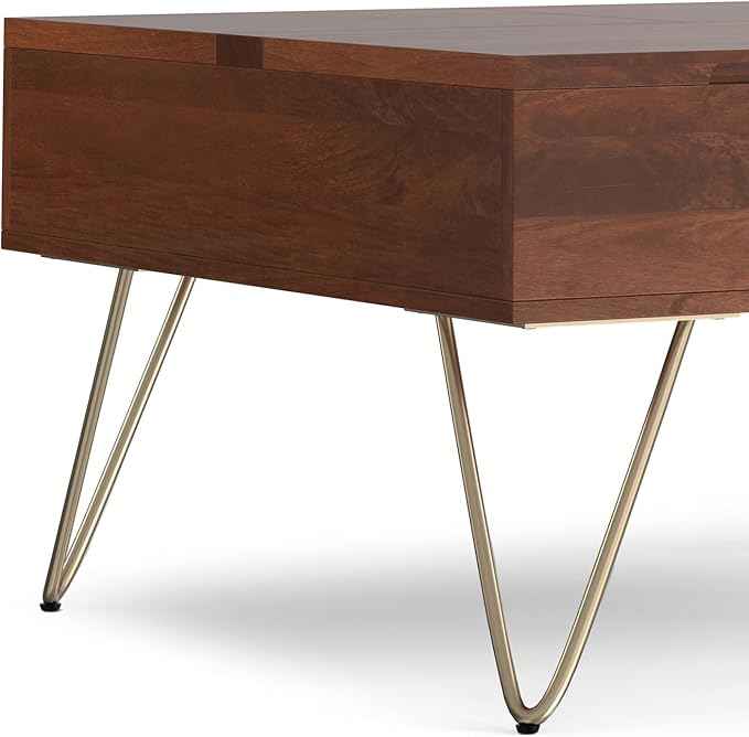 SIMPLIHOME Hunter Lift Top Coffee Table - 32 inch Wide Solid Mango Wood Industrial Square Cocktail Table in Umber Brown, Living Room Table with Dual Lift Tops, Hidden Storage and Gold Hairpin Legs