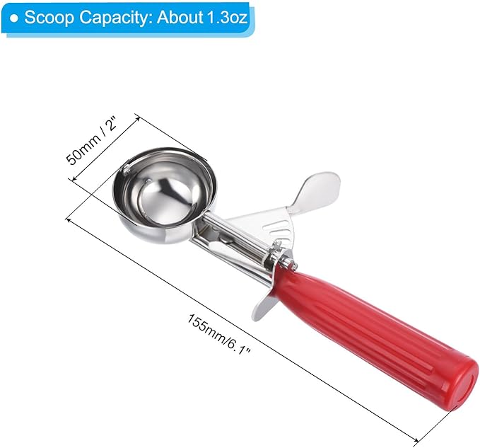 PATIKIL 1.3 Ounce Ice Cream Scoop with Trigger, Stainless Steel Portion Cookie Scoop with Thumb Trigger for Cookie Dough Cupcake Batter Baking, Red 39ML