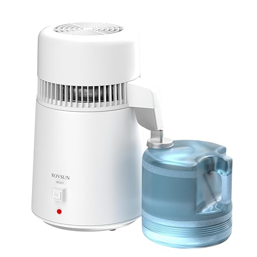 ROVSUN 1.1 Gallon/4L Water Distiller for Home Countertop, Stainless Steel Interior & BPA-Free Container, Distilled Water Machine Water Maker Purifier, Distilling Pure Water Maker, 1L/H, White, 750W