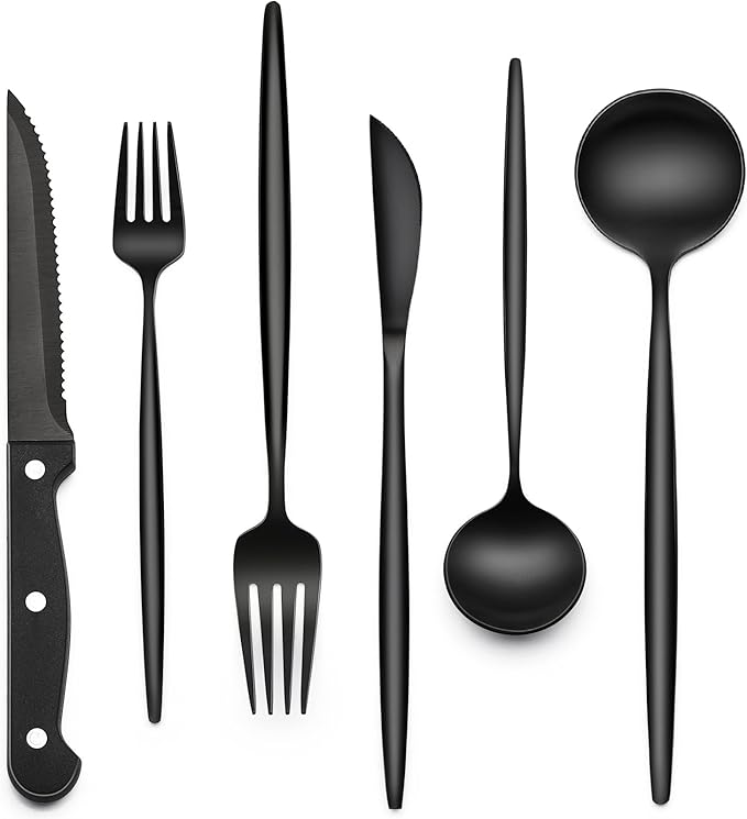 EWFEN 24-Piece Black Silverware Set with Steak Knives, Black Flatware Set for 4, Food-Grade Stainless Steel Tableware Cutlery Set, Mirror Finished Utensil Sets for Home Restaurant, Long Edge