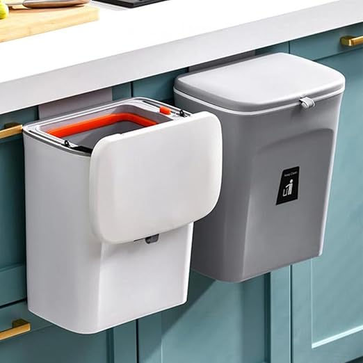 Hanging Kitchen Trash Can 9l with Lid and Inner Bucket, Sealed Compost Bin Plastic Waste Basket for Wall Mount, Indoor Household Food Scrap Storage Container